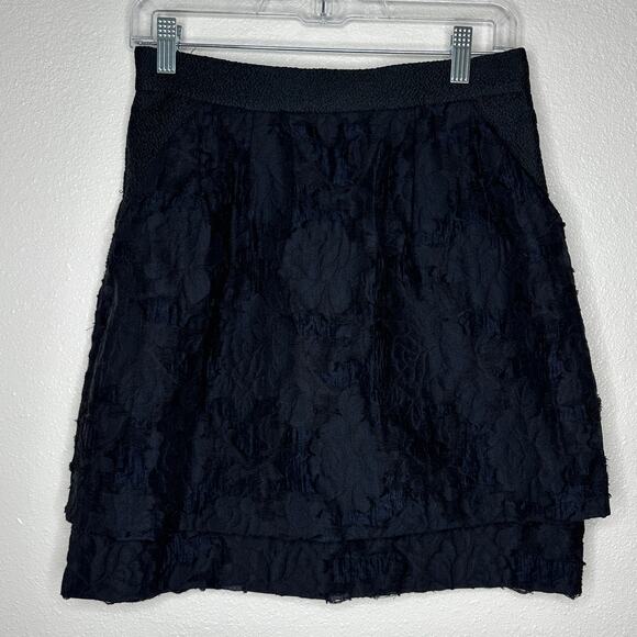 H&M Black Tiered Burnout Jacquard Weave Lace Pockets Back Zip Mini Skirt 8 - Picture 2 of 10